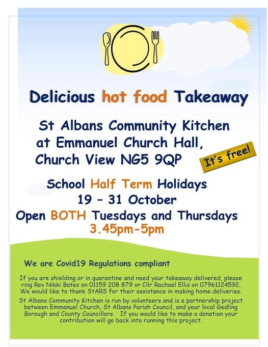 Hot food takeaway during Half-term at Community Kitchen, Emmanuel church hall, Tues & Thurs 3:45-5pm 19-31 Oct